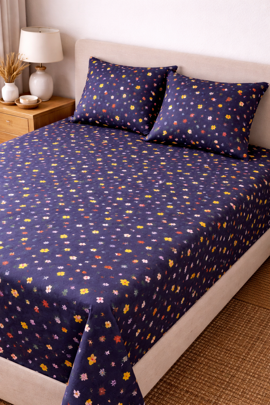 Cotton Bedsheet with - WHITE SMALL FLORAL