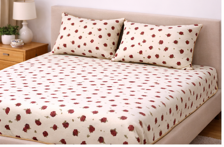 Cotton Bedsheet with CREAM WITH RED ROSE
