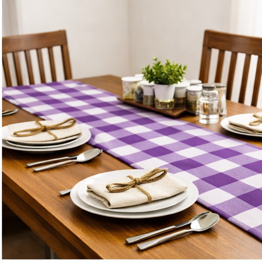 Cotton TABLE RUNNER with design - PURPLE CHECK - Image 3
