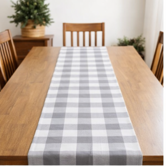 Cotton TABLE RUNNER with design - GREY CHECK - Image 5