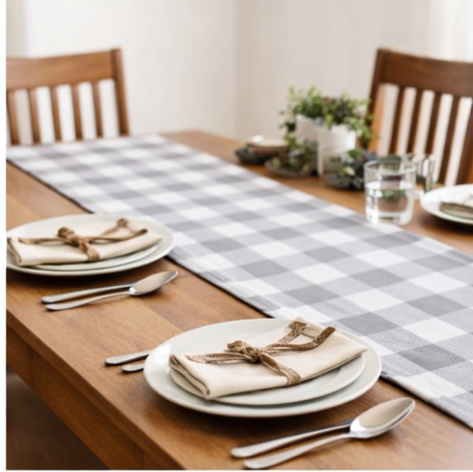 Cotton TABLE RUNNER with design - GREY CHECK - Image 4