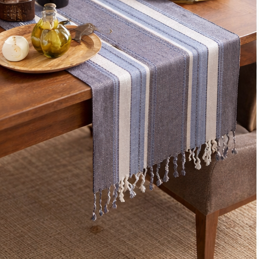 Cotton TABLE RUNNER with design - BLUE STRIPE