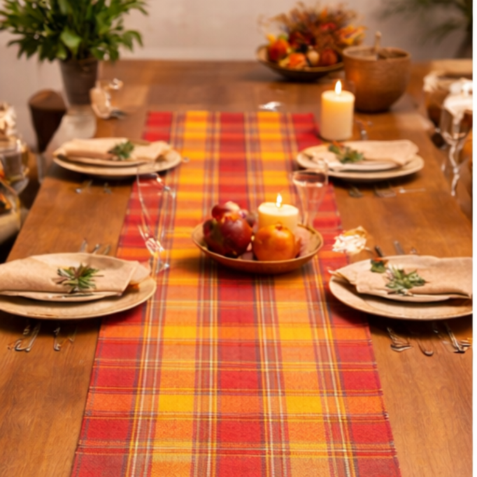 Cotton TABLE RUNNER with design - ORANGE CHECK - Image 4
