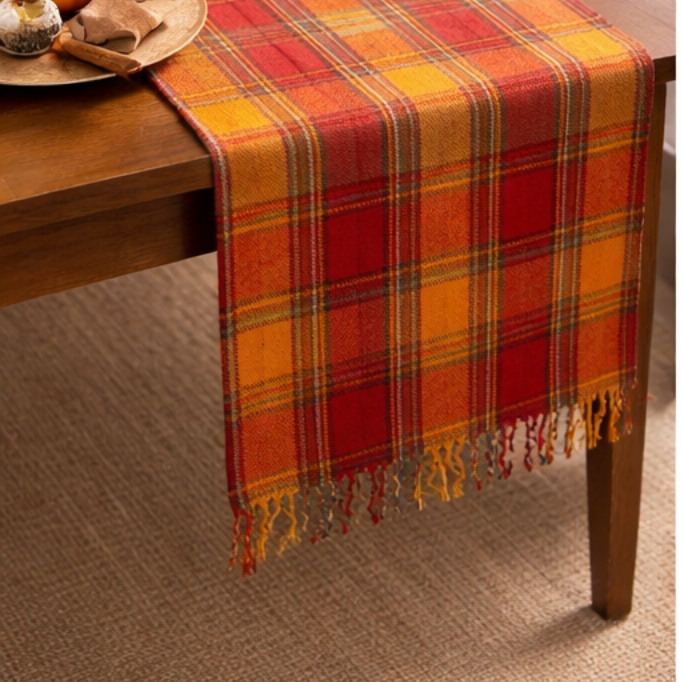 Cotton TABLE RUNNER with design - ORANGE CHECK